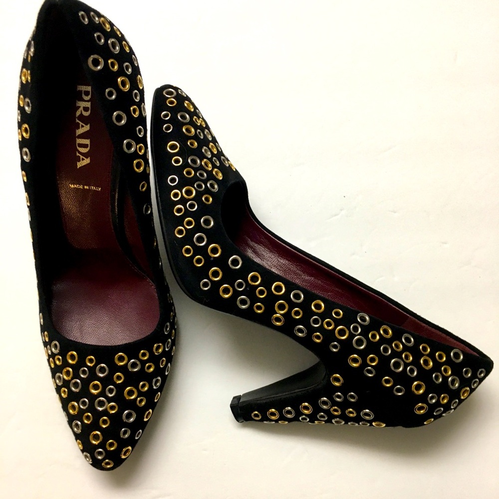 Prada Suede Leather Grommet Heels EU 37 Black Edgy Metallic Biker Goth Punk